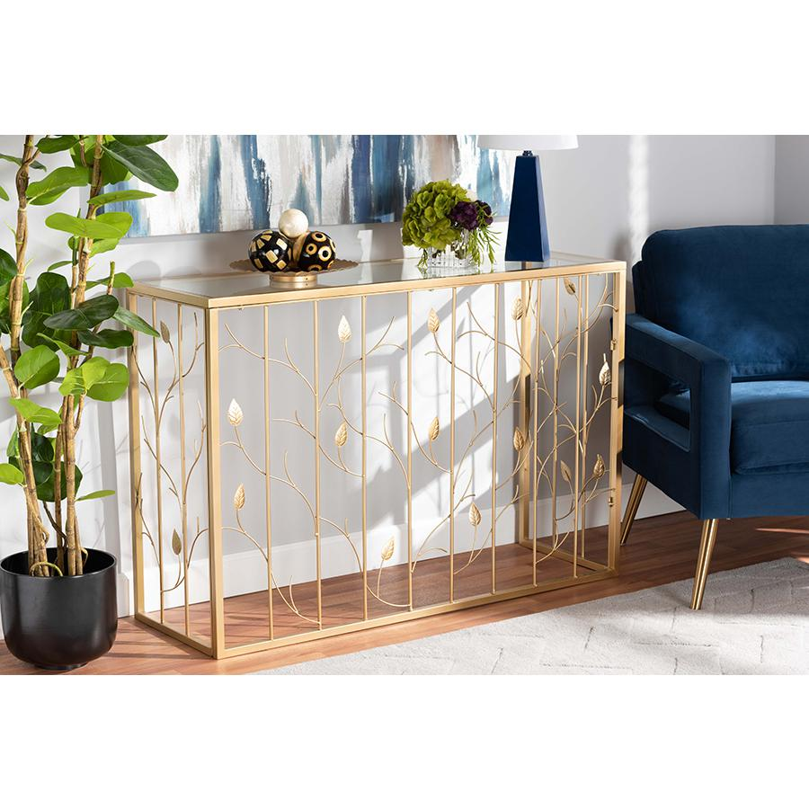 Baxton Studio Anaya Modern and Contemporary Glam Brushed Gold Finished Metal and Glass Leaf Console Table