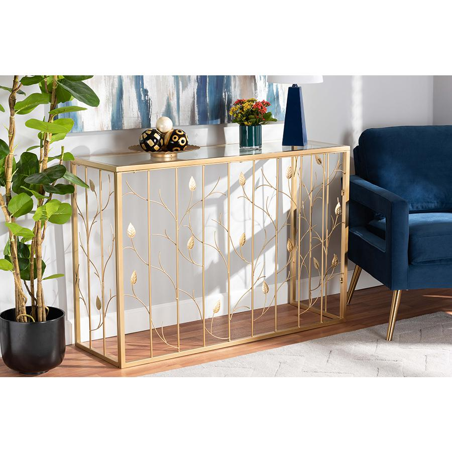 Baxton Studio Anaya Modern and Contemporary Glam Brushed Gold Finished Metal and Glass Leaf Console Table