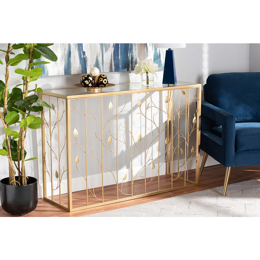 Baxton Studio Anaya Modern and Contemporary Glam Brushed Gold Finished Metal and Glass Leaf Console Table