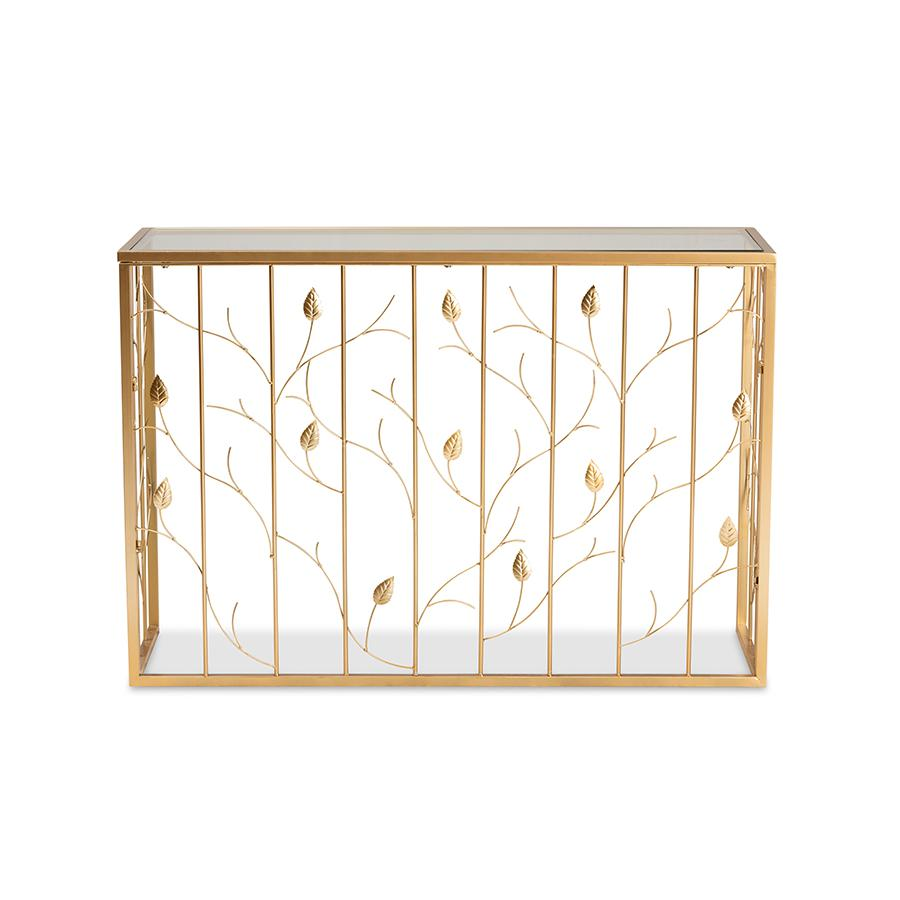 Baxton Studio Anaya Modern and Contemporary Glam Brushed Gold Finished Metal and Glass Leaf Console Table