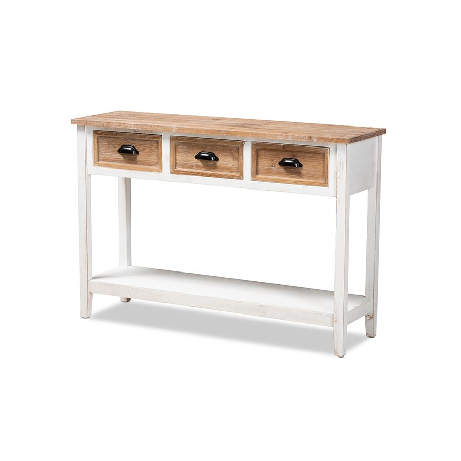 Baxton Studio Benedict Traditional Farmhouse and Rustic Two-Tone White and Oak Brown Finished Wood 3-Drawer Console Table