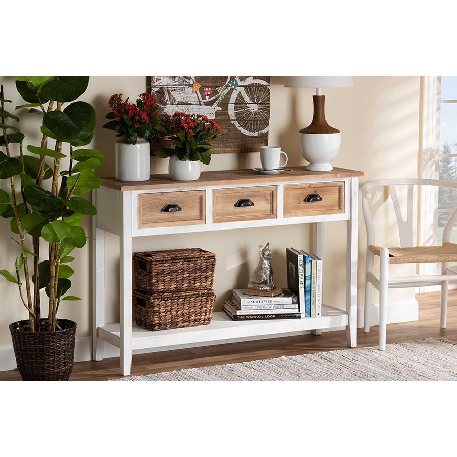 Baxton Studio Benedict Traditional Farmhouse and Rustic Two-Tone White and Oak Brown Finished Wood 3-Drawer Console Table