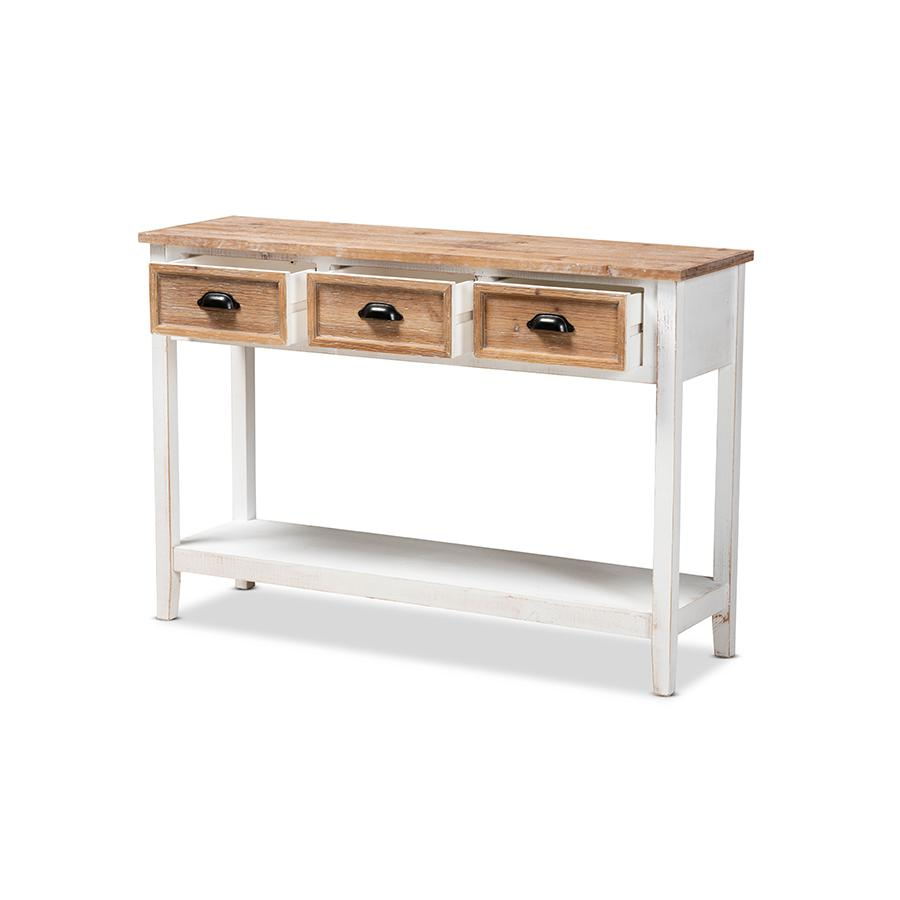 Baxton Studio Benedict Traditional Farmhouse and Rustic Two-Tone White and Oak Brown Finished Wood 3-Drawer Console Table