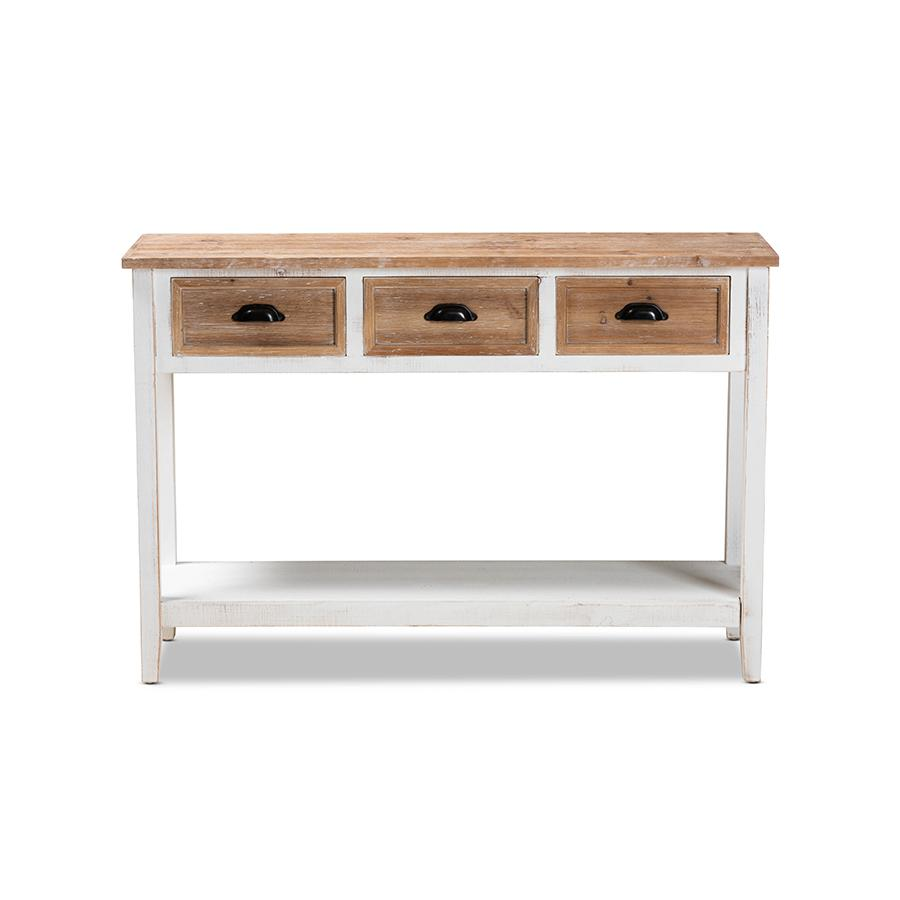 Baxton Studio Benedict Traditional Farmhouse and Rustic Two-Tone White and Oak Brown Finished Wood 3-Drawer Console Table