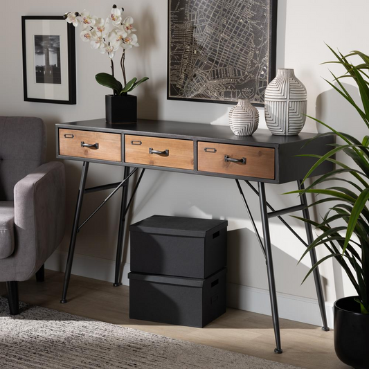 Ariana Modern and Contemporary Industrial Black and Oak Brown Finished Wood 3-Drawer Metal Console Table