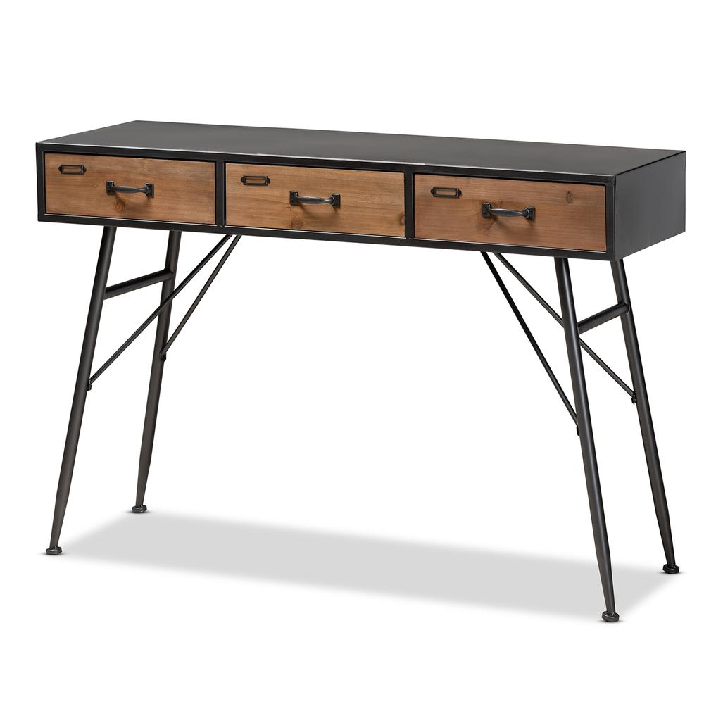 Ariana Modern and Contemporary Industrial Black and Oak Brown Finished Wood 3-Drawer Metal Console Table