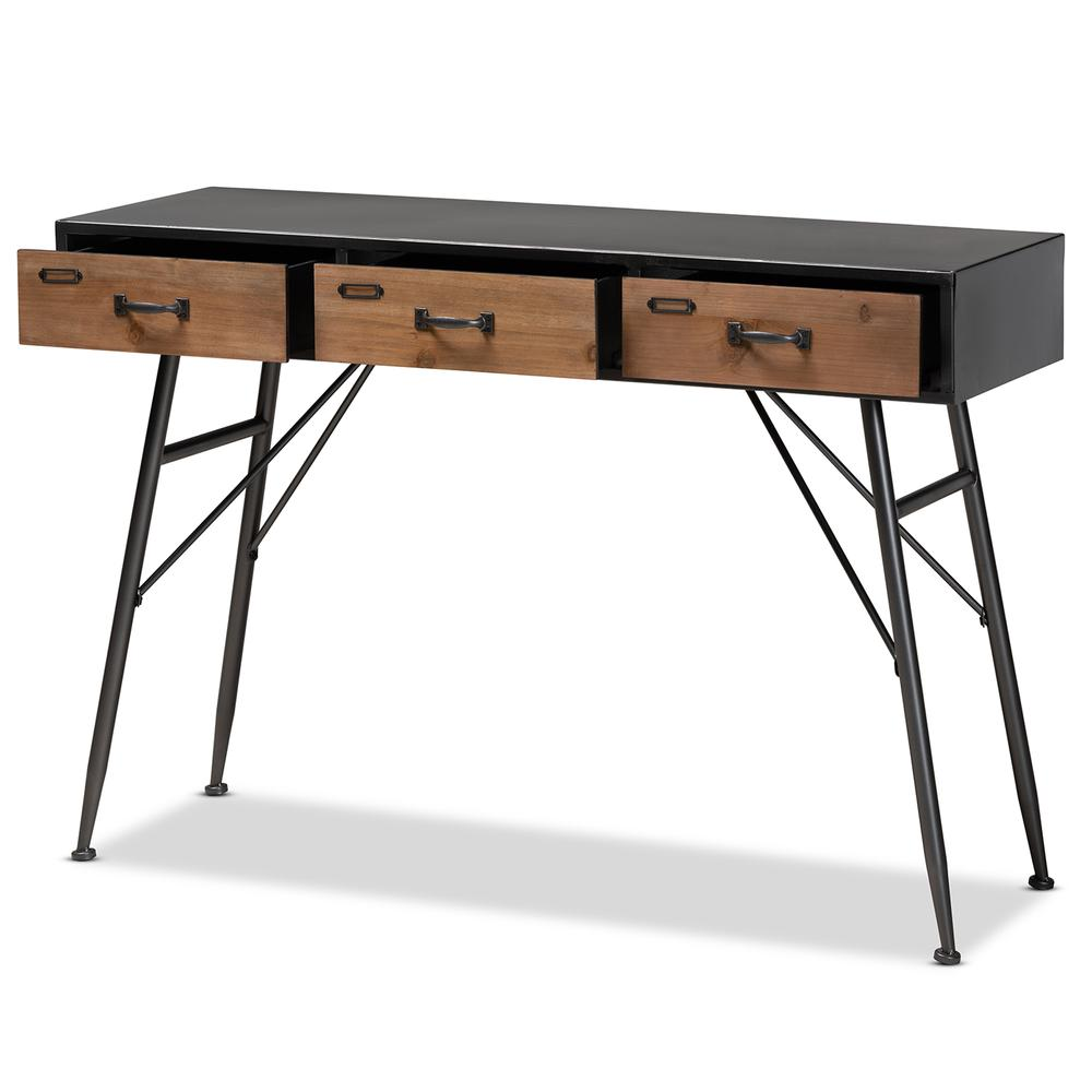 Ariana Modern and Contemporary Industrial Black and Oak Brown Finished Wood 3-Drawer Metal Console Table