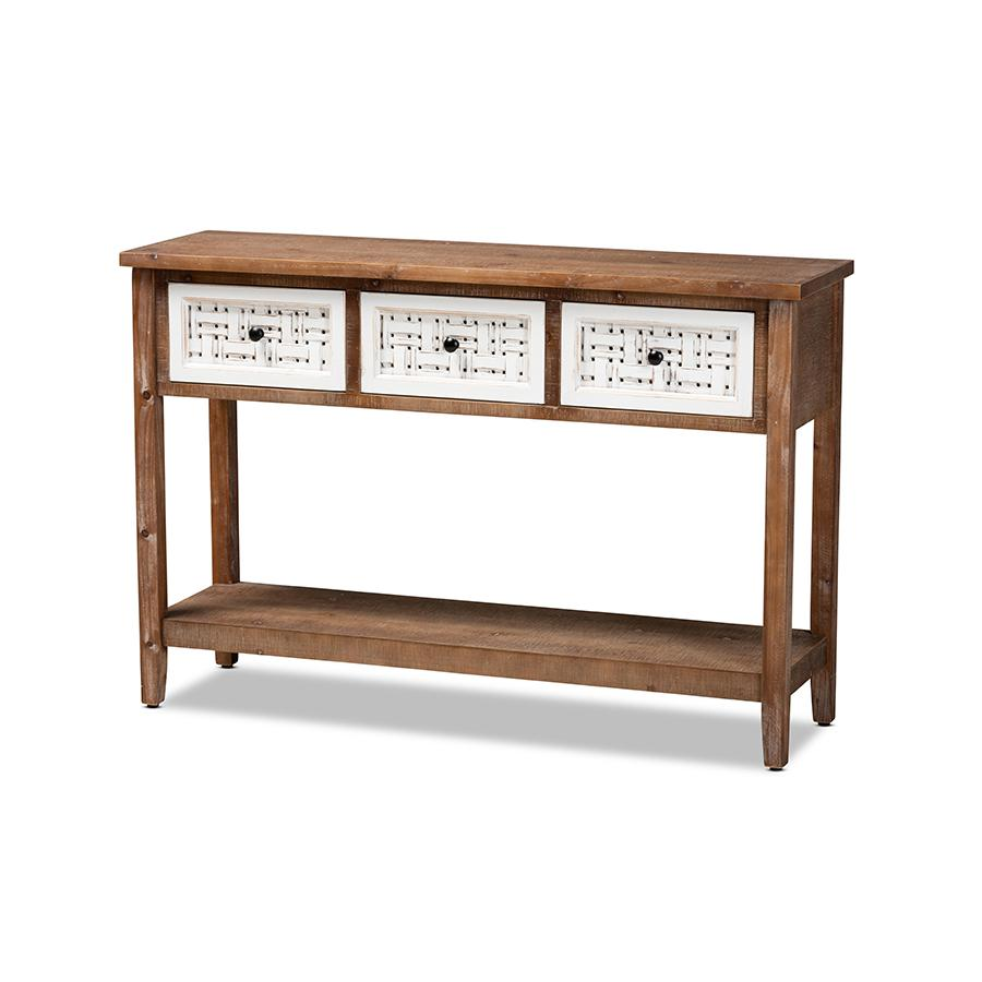 Baxton Studio Bonilla Traditional and Rustic Two-Tone White and Walnut Brown Finished Wood 3-Drawer Console Table