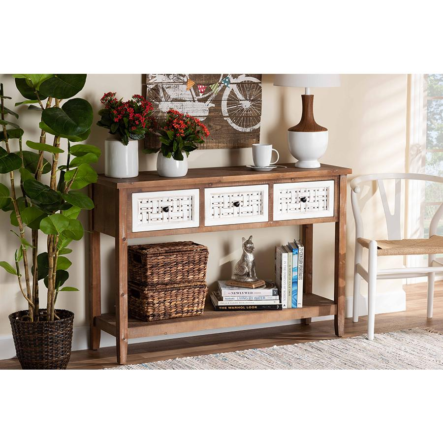 Baxton Studio Bonilla Traditional and Rustic Two-Tone White and Walnut Brown Finished Wood 3-Drawer Console Table