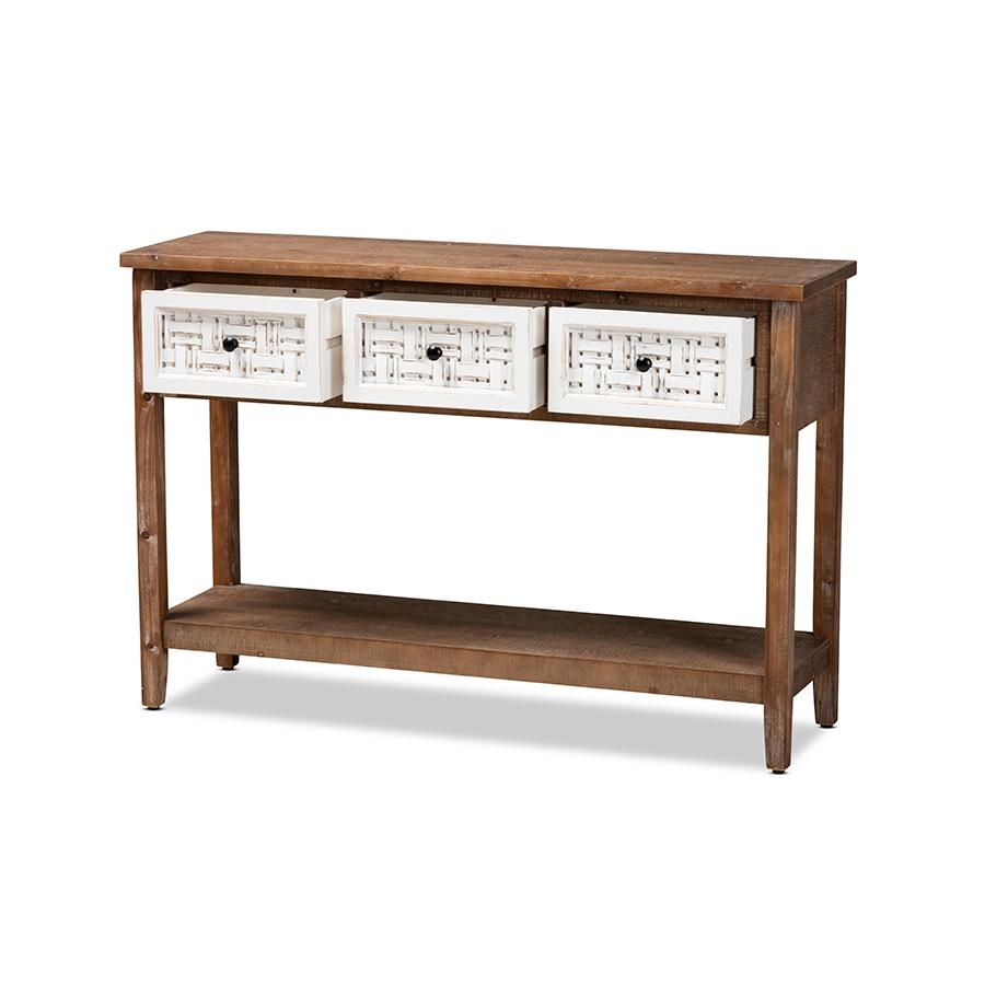 Baxton Studio Bonilla Traditional and Rustic Two-Tone White and Walnut Brown Finished Wood 3-Drawer Console Table