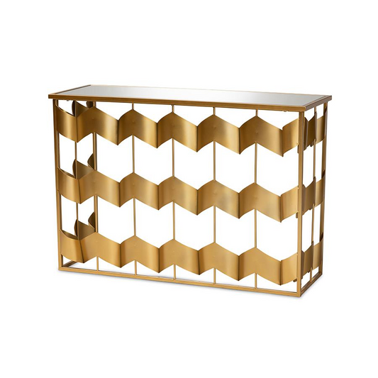 Baxton Studio Vega Glam and Luxe Gold Finished Metal and Mirrored Glass Geometric Console Table