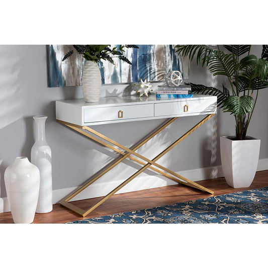 Baxton Studio Madan Modern and Contemporary White Finished Wood and Gold Metal 2-Drawer Console Table