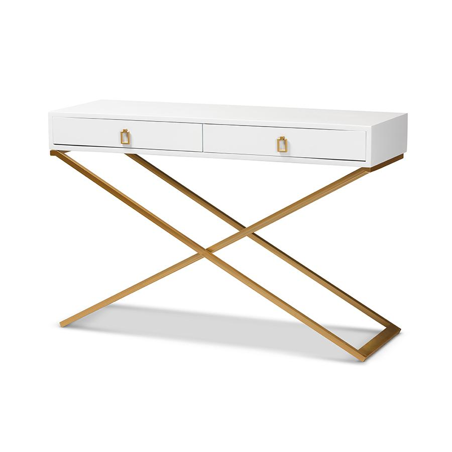 Baxton Studio Madan Modern and Contemporary White Finished Wood and Gold Metal 2-Drawer Console Table