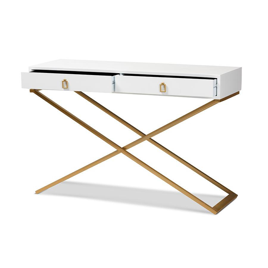 Baxton Studio Madan Modern and Contemporary White Finished Wood and Gold Metal 2-Drawer Console Table