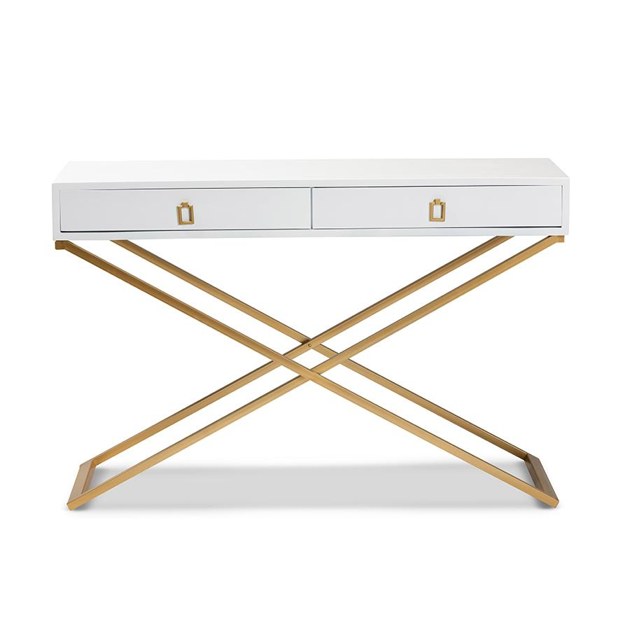 Baxton Studio Madan Modern and Contemporary White Finished Wood and Gold Metal 2-Drawer Console Table