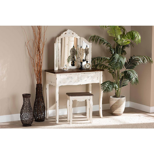 Baxton Studio Levron Classic and Traditional Two-Tone Walnut Brown and Antique White Finished Wood 2-Piece Vanity Set