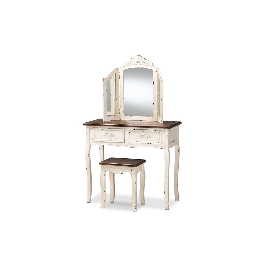 Baxton Studio Levron Classic and Traditional Two-Tone Walnut Brown and Antique White Finished Wood 2-Piece Vanity Set