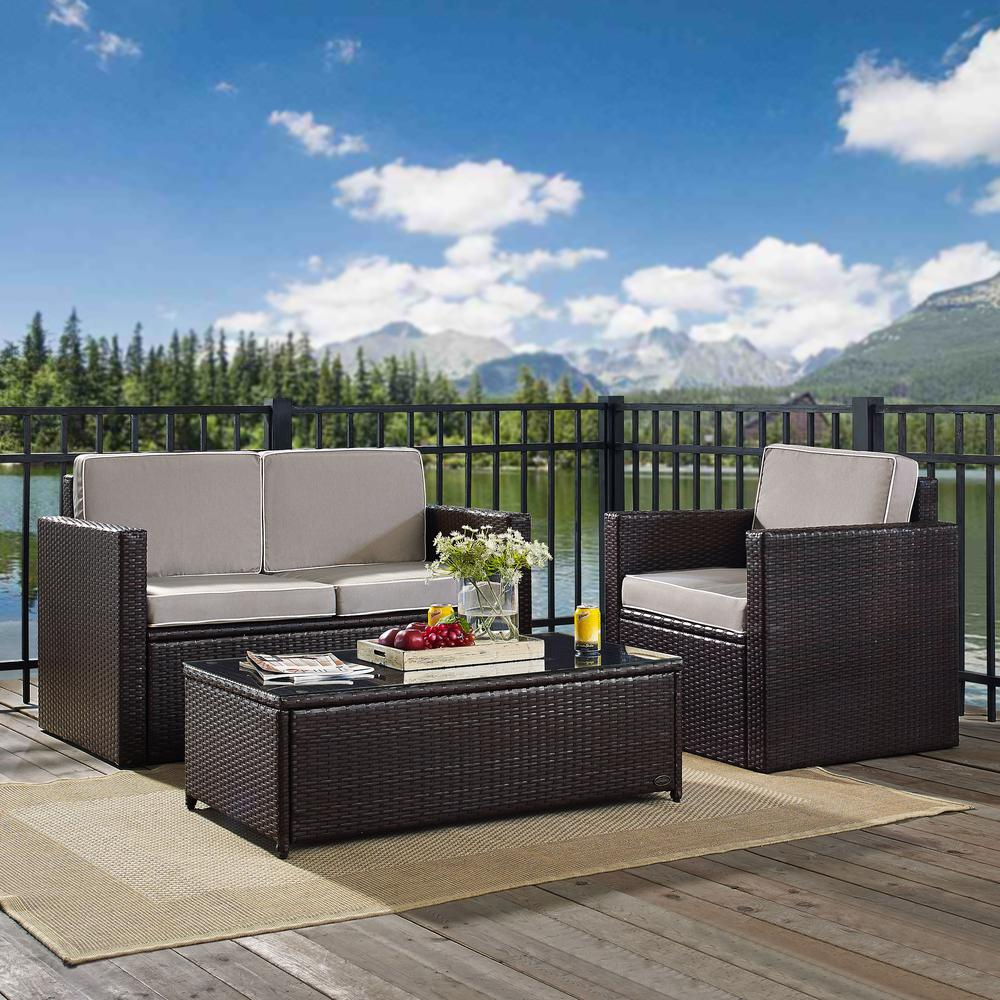 Palm Harbor 3Pc Outdoor Wicker Conversation Set Gray/Brown - Loveseat, Chair, Glass Top Table