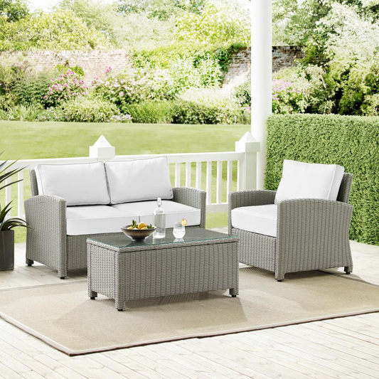 Bradenton 3Pc Outdoor Conversation Set - Sunbrella White/Gray - Loveseat, Armchair, & Coffee Table