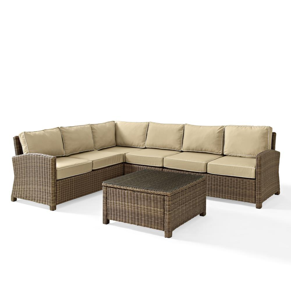 Bradenton 5Pc Outdoor Wicker Sectional Set Sand/Weathered Brown - Right Side Loveseat, Left Side Loveseat, Corner Chair, Center Chair, Sectional Glass Top Coffee Table