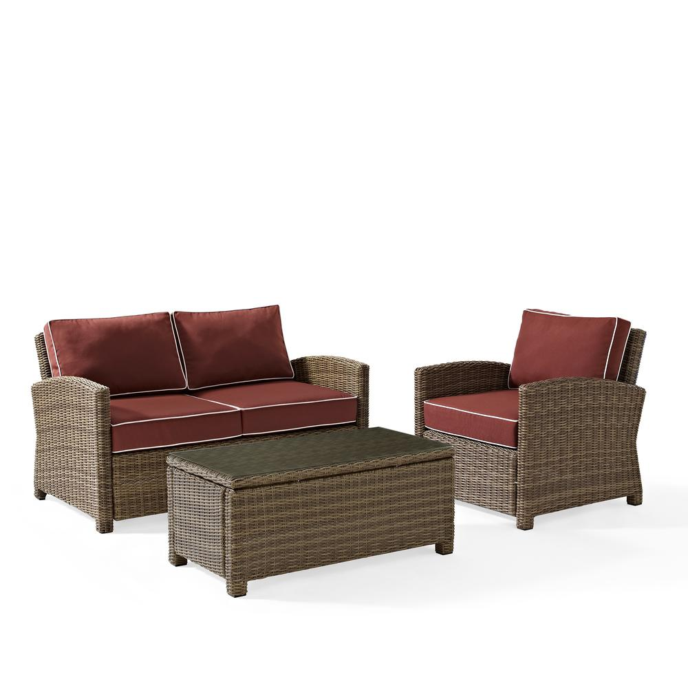 Bradenton 3Pc Outdoor Wicker Conversation Set Sangria/Weathered Brown - Loveseat, Arm Chair, Glass Top Table