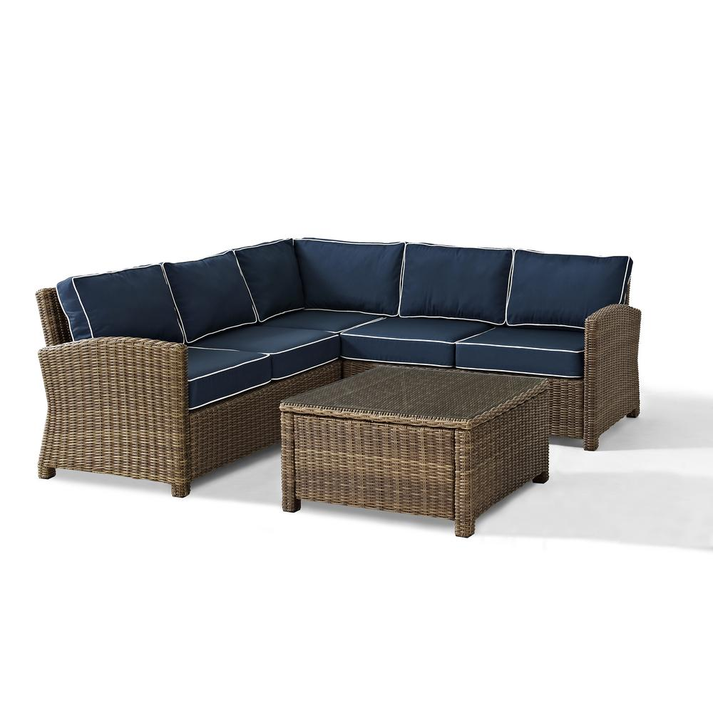 Bradenton 4Pc Outdoor Wicker Sectional Set Navy/Weathered Brown - Right Corner Loveseat, Left Corner Loveseat, Corner Chair, Sectional Glass Top Coffee Table