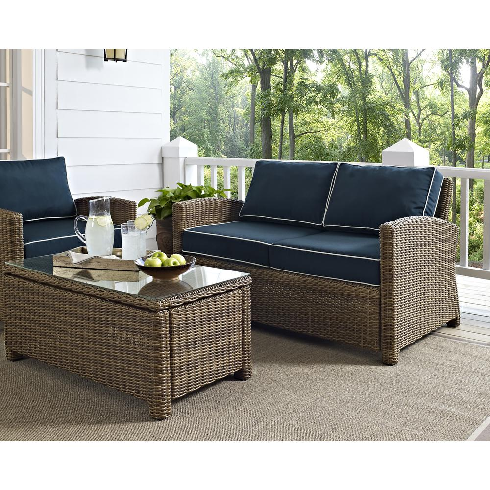 Bradenton 2Pc Outdoor Wicker Chat Set Navy/Weathered Brown - Loveseat, Glass Top Table