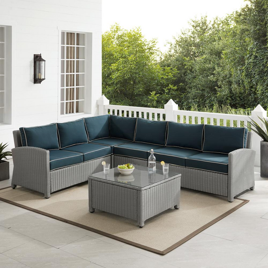 Bradenton 5Pc Outdoor Wicker Sectional Set Navy/Gray - Left Loveseat, Right Loveseat, Center Chair, Corner Chair & Coffee Table