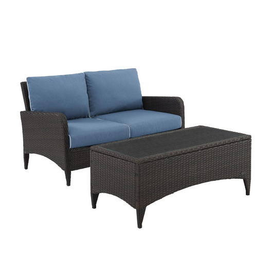 Kiawah 2Pc Outdoor Wicker Chat Set Blue/Brown - Loveseat & Coffee Table