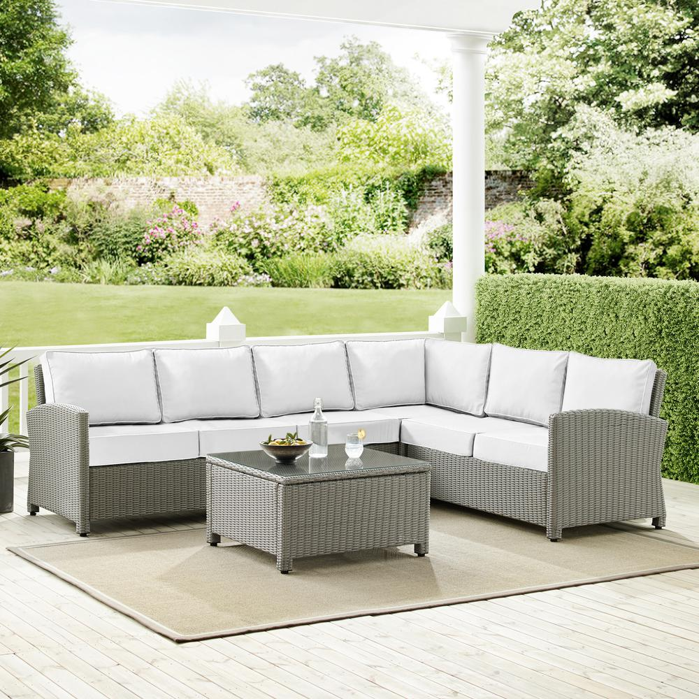 Bradenton 5Pc Outdoor Sectional Set - Sunbrella White/Gray - Left Loveseat, Right Loveseat, Center Chair, Corner Chair & Coffee Table