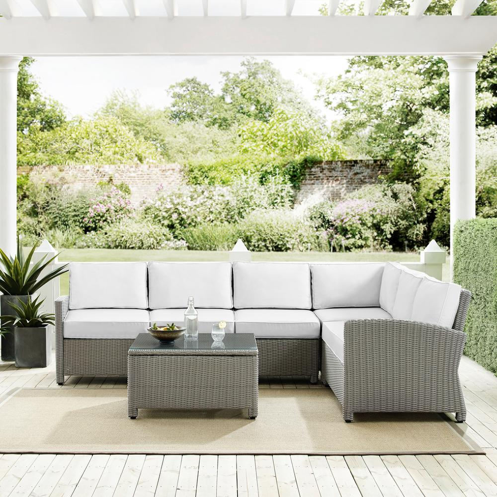 Bradenton 5Pc Outdoor Sectional Set - Sunbrella White/Gray - Left Loveseat, Right Loveseat, Center Chair, Corner Chair & Coffee Table