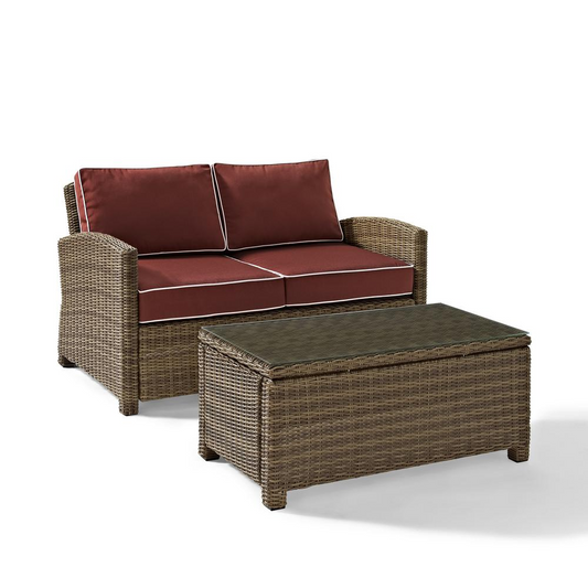 Bradenton 2Pc Outdoor Wicker Chat Set Sangria/Weathered Brown - Loveseat, Glass Top Table