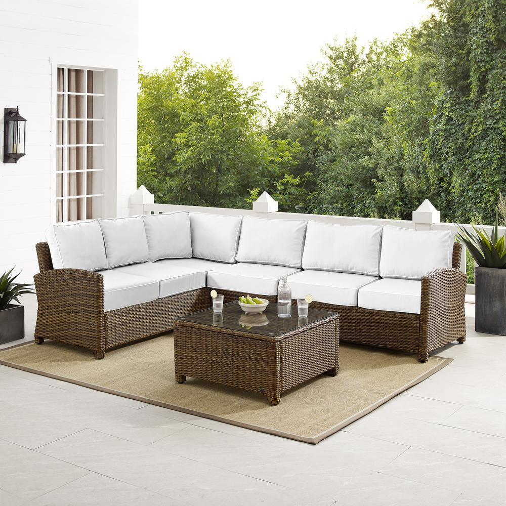 Bradenton 5Pc Outdoor Sectional Set - Sunbrella White/Weathered Brown - Left Loveseat, Right Loveseat, Center Chair, Corner Chair & Coffee Table