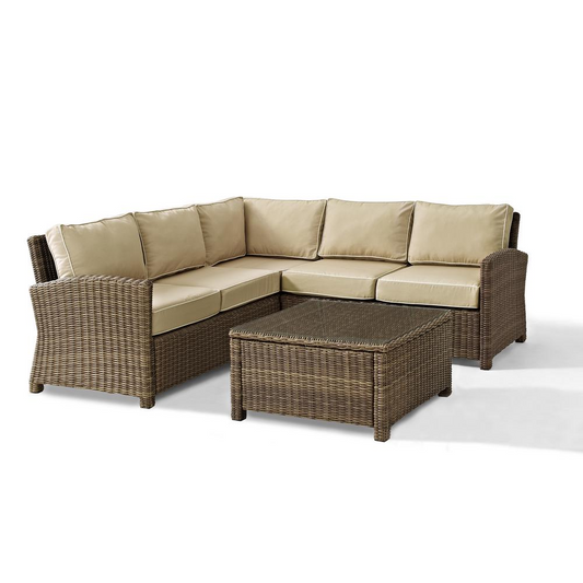 Bradenton 4Pc Outdoor Wicker Sectional Set Sand/Weathered Brown - Right Corner Loveseat, Left Corner Loveseat, Corner Chair, Sectional Glass Top Coffee Table