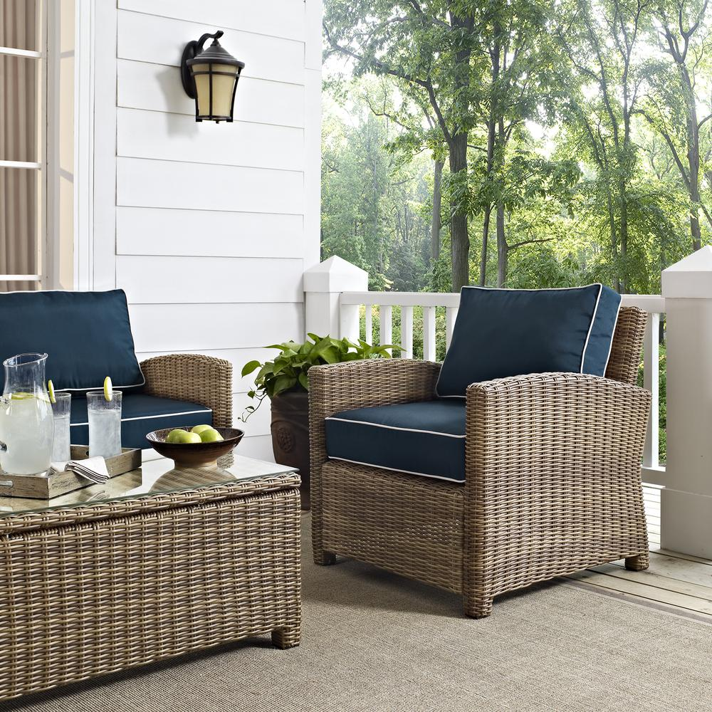 Bradenton 5Pc Outdoor Wicker Sectional Set Navy/Weathered Brown - Right Side Loveseat, Left Side Loveseat, Corner Chair, Arm Chair, Sectional Glass Top Coffee Table