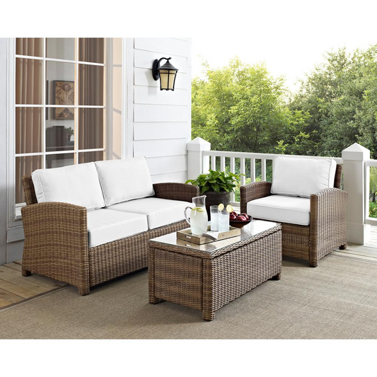 Bradenton 3Pc Outdoor Conversation Set - Sunbrella White/Weathered Brown - Loveseat, Armchair, & Coffee Table