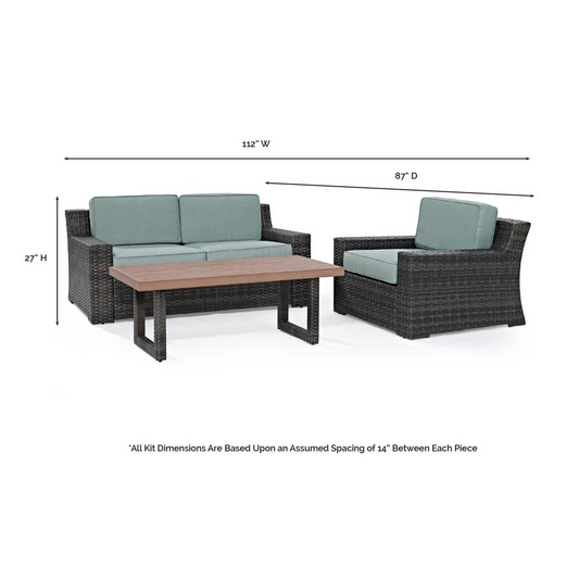 Beaufort 3Pc Outdoor Wicker Conversation Set Mist/Brown - Loveseat, Chair , Coffee Table