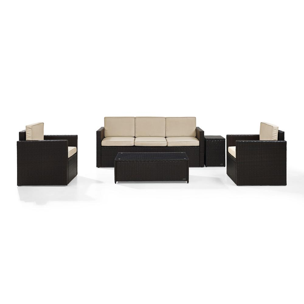 Palm Harbor 5Pc Outdoor Wicker Conversation Set Sand/Brown - Sofa, 2 Arm Chairs, Side Table, Glass Top Table