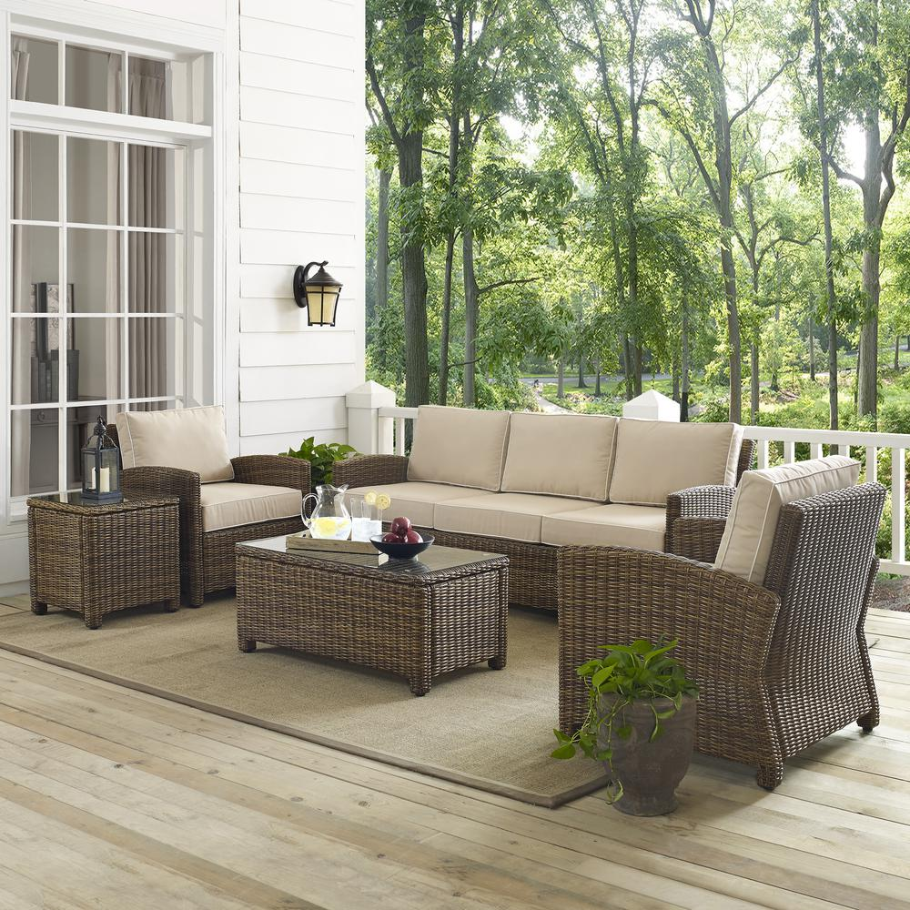 Bradenton 5Pc Outdoor Wicker Conversation Set Sand/Weathered Brown - Sofa, 2 Arm Chairs, Side Table, Glass Top Table