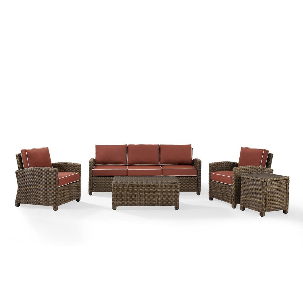 Bradenton 5Pc Outdoor Wicker Conversation Set Sangria/Weathered Brown - Sofa, 2 Arm Chairs, Side Table, Glass Top Table