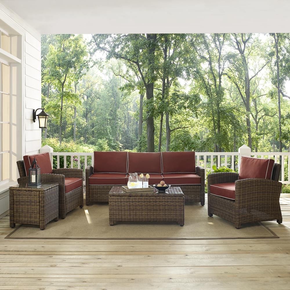 Bradenton 5Pc Outdoor Wicker Conversation Set Sangria/Weathered Brown - Sofa, 2 Arm Chairs, Side Table, Glass Top Table