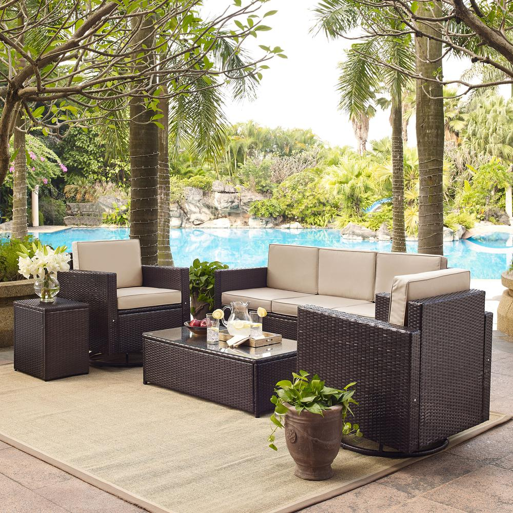 Palm Harbor 5Pc Outdoor Wicker Conversation Set Sand/Brown - Sofa, 2 Swivel Chairs, Side Table, Glass Top Table