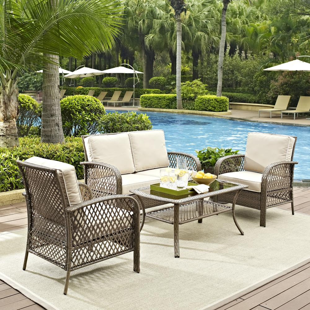 Tribeca 4Pc Outdoor Wicker Conversation Set Sand/Driftwood - Loveseat, 2 Arm Chairs, Coffee Table