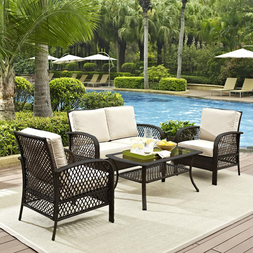 Tribeca 4Pc Outdoor Wicker Conversation Set Sand/Brown - Loveseat, 2 Arm Chairs, Coffee Table