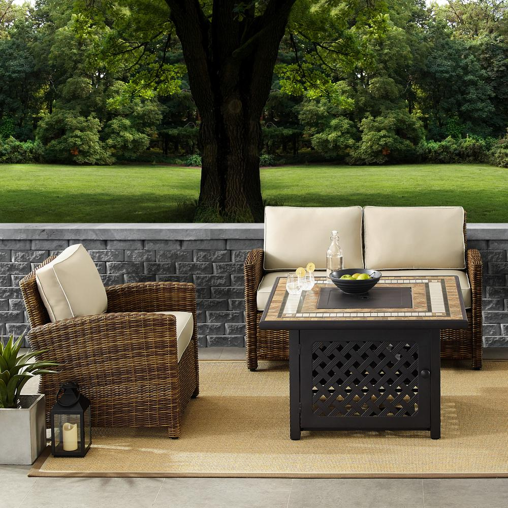 Bradenton 3Pc Outdoor Wicker Conversation Set W/Fire Table Weathered Brown/Sand - Loveseat, Arm Chair, Fire Table