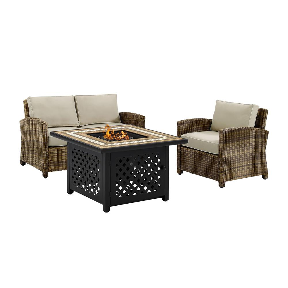 Bradenton 3Pc Outdoor Wicker Conversation Set W/Fire Table Weathered Brown/Sand - Loveseat, Arm Chair, Fire Table
