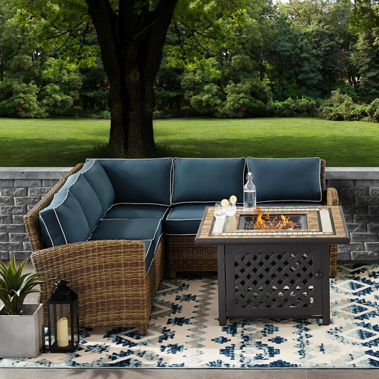 Bradenton 4Pc Outdoor Wicker Sectional Set W/Fire Table Weathered Brown/Navy - Right Corner Loveseat, Left Corner Loveseat, Corner Chair, Fire Table