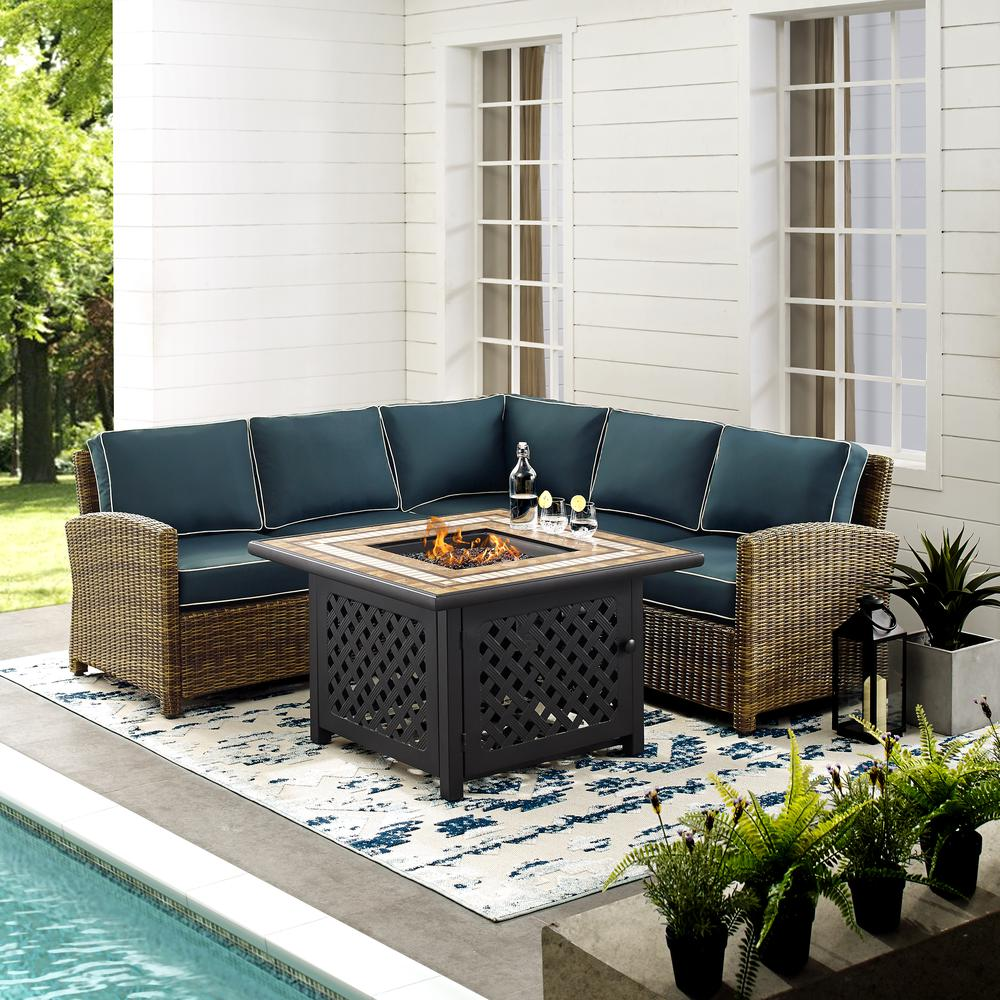 Bradenton 4Pc Outdoor Wicker Sectional Set W/Fire Table Weathered Brown/Navy - Right Corner Loveseat, Left Corner Loveseat, Corner Chair, Fire Table