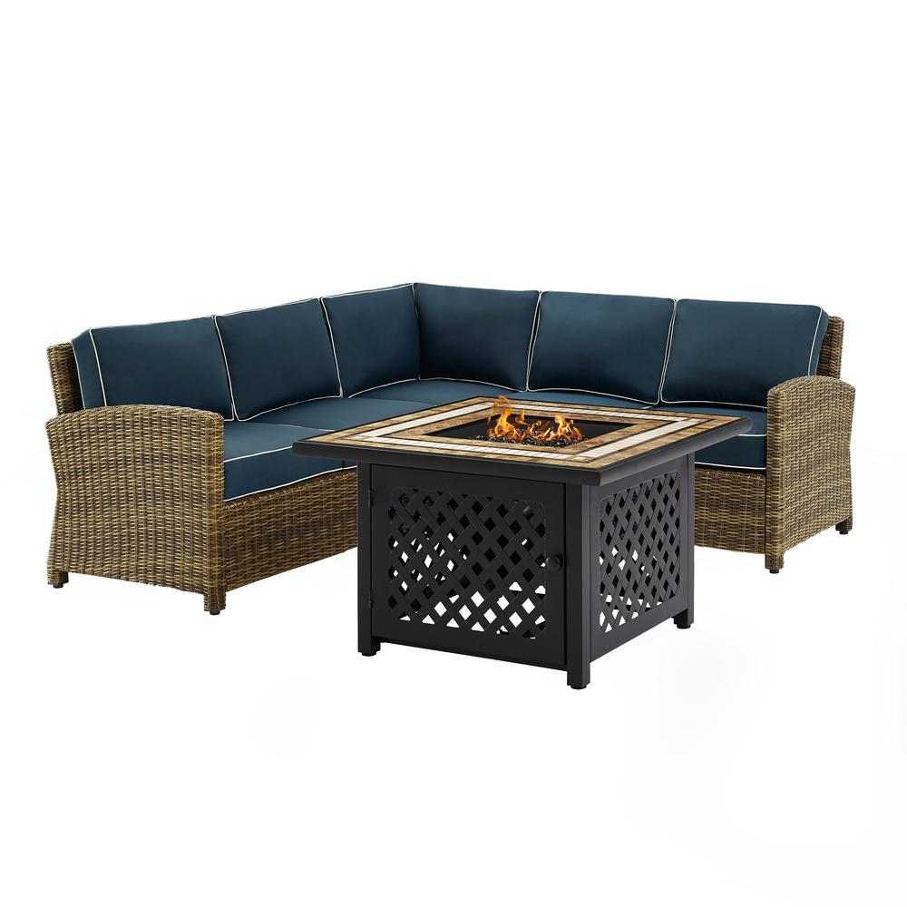 Bradenton 4Pc Outdoor Wicker Sectional Set W/Fire Table Weathered Brown/Navy - Right Corner Loveseat, Left Corner Loveseat, Corner Chair, Fire Table