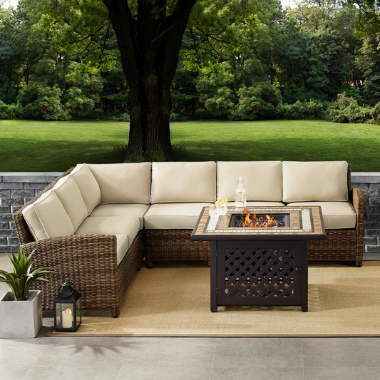 Bradenton 5Pc Outdoor Wicker Sectional Set W/Fire Table Weathered Brown/Sand - Right Corner Loveseat, Left Corner Loveseat, Corner Chair, Center Chair, Fire Table